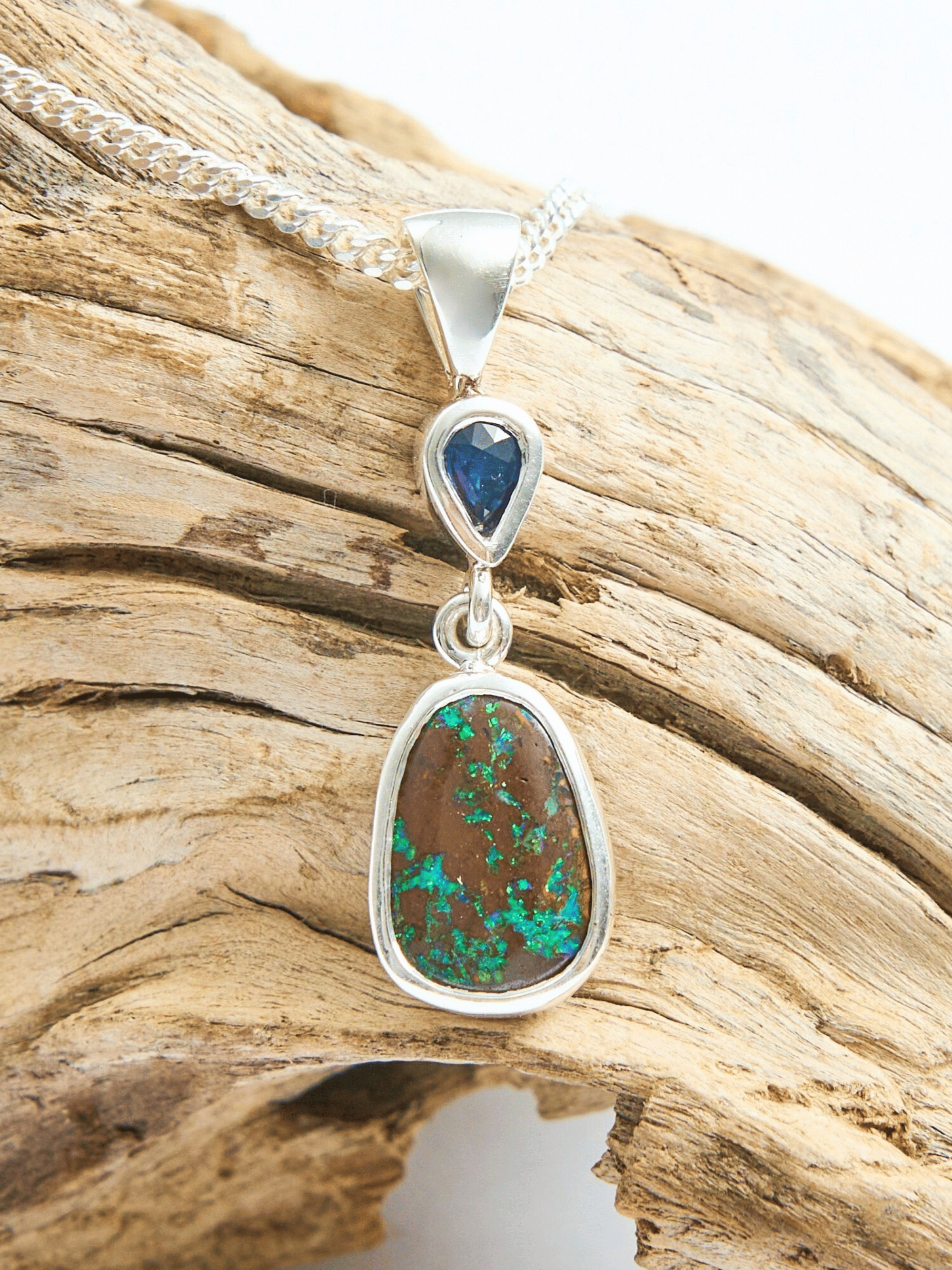 Boulder Opal with Blue Pear Sapphire Silver Drop Pendant