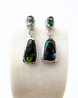 Boulder Opal and Pale Green Sapphire Drop Silver Earrings