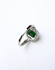 Emerald Sunburst Halo Silver Ring