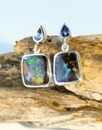 Boulder Opal and Pear-cut Tanzanite Silver Drop Earrings