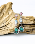 Boulder Opal, Pink Spinel and Aquamarine Drop Silver Earrings