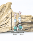 Boulder Opal, Pink Spinel and Aquamarine Drop Silver Earrings