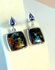 Boulder Opal and Pear-cut Tanzanite Silver Drop Earrings