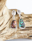 Boulder Opal Abstract and Pink Zircon Silver Drop Earrings