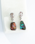 Boulder Opal Abstract and Pink Zircon Silver Drop Earrings