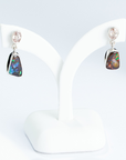 Boulder Opal Abstract and Pink Zircon Silver Drop Earrings