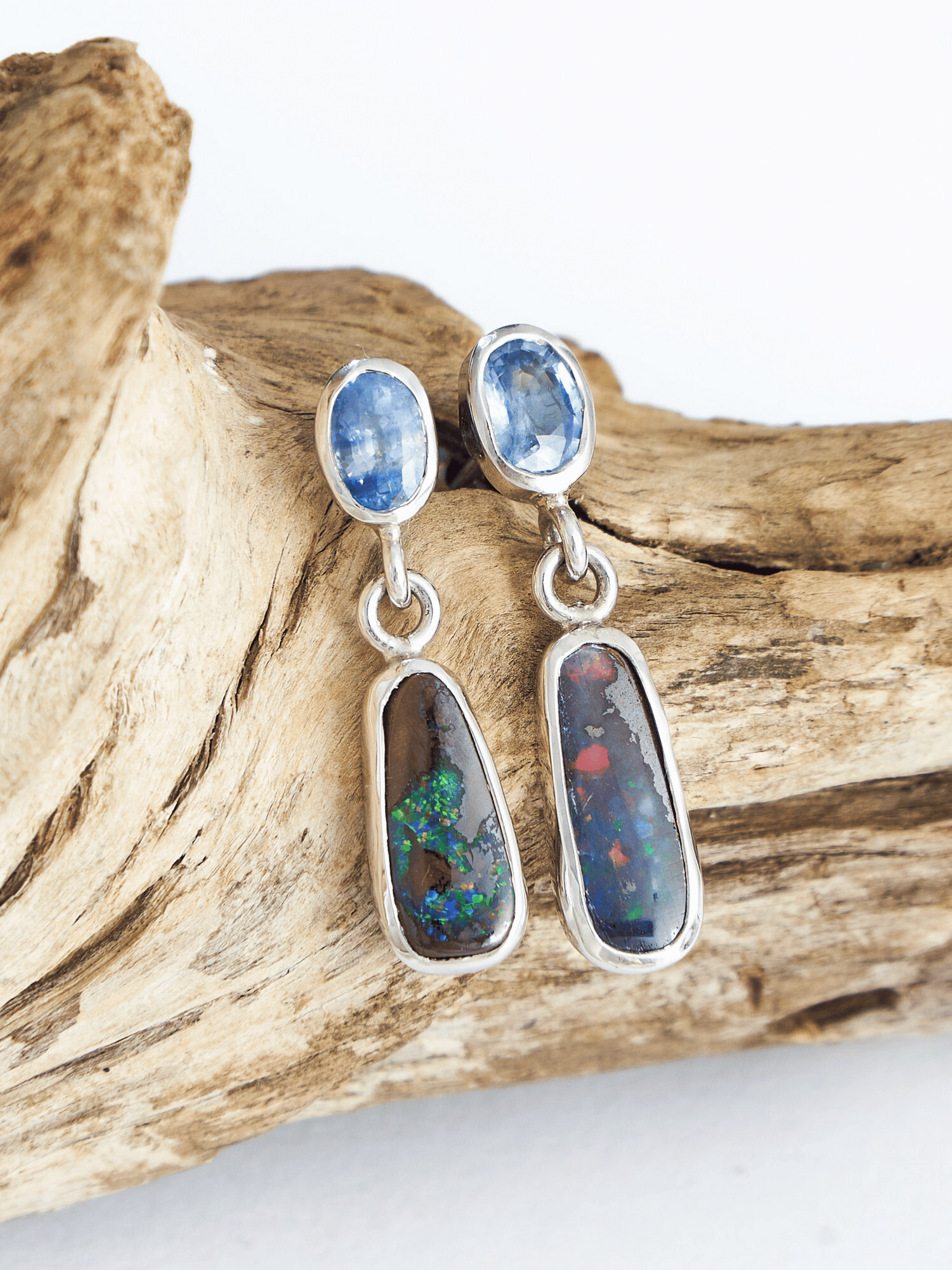 Boulder Opal and Pale Blue Sapphire Silver Drop Earrings