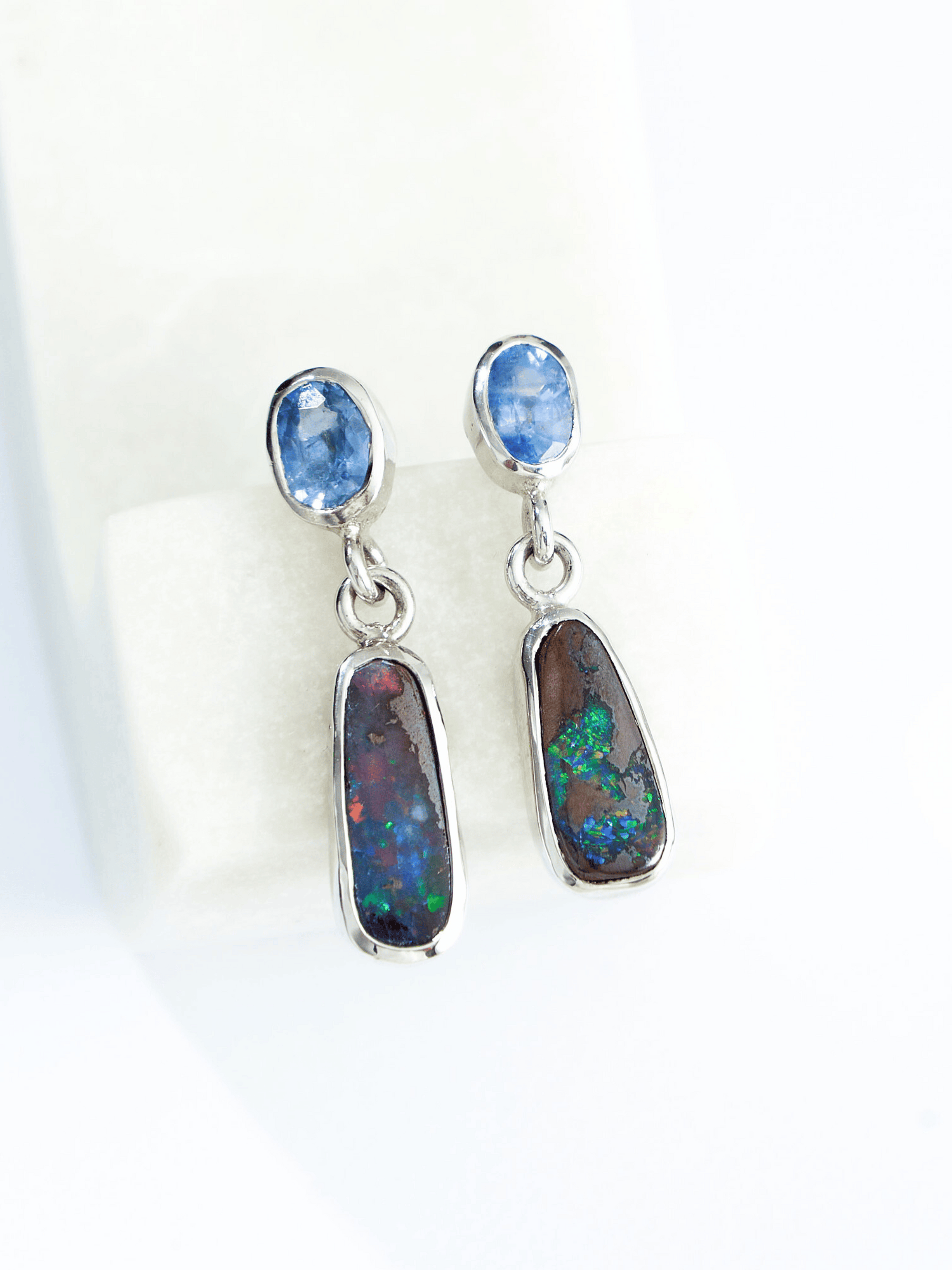 Boulder Opal and Pale Blue Sapphire Silver Drop Earrings