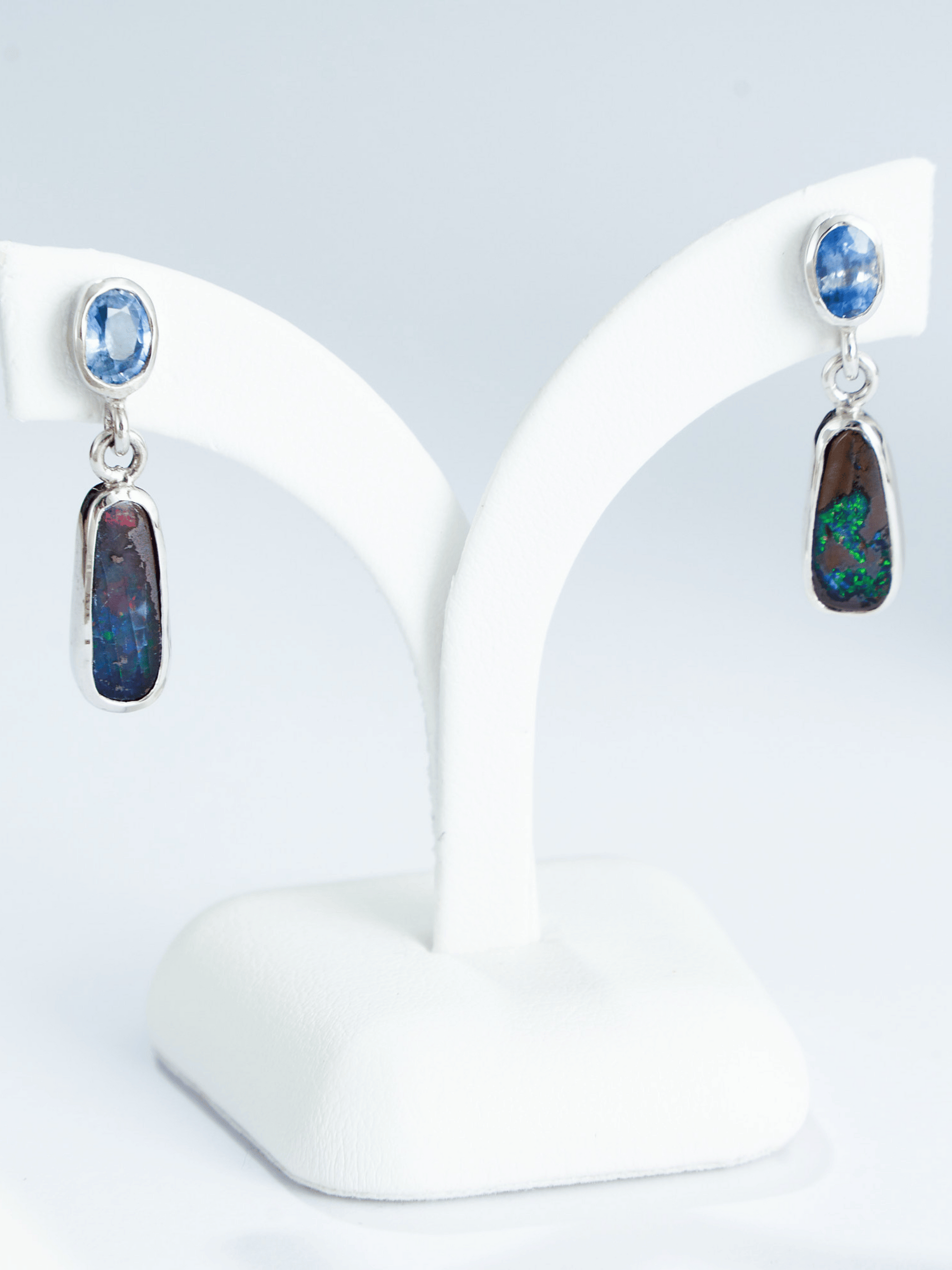 Boulder Opal and Pale Blue Sapphire Silver Drop Earrings