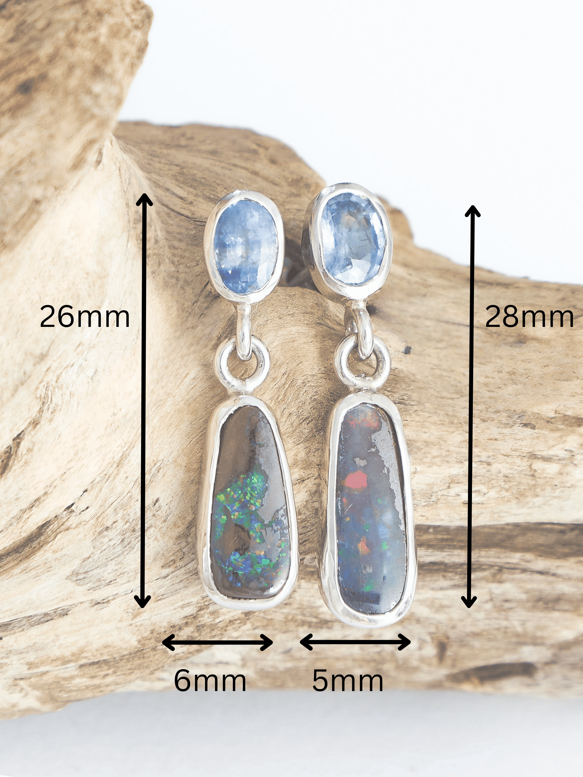 Boulder Opal and Pale Blue Sapphire Silver Drop Earrings