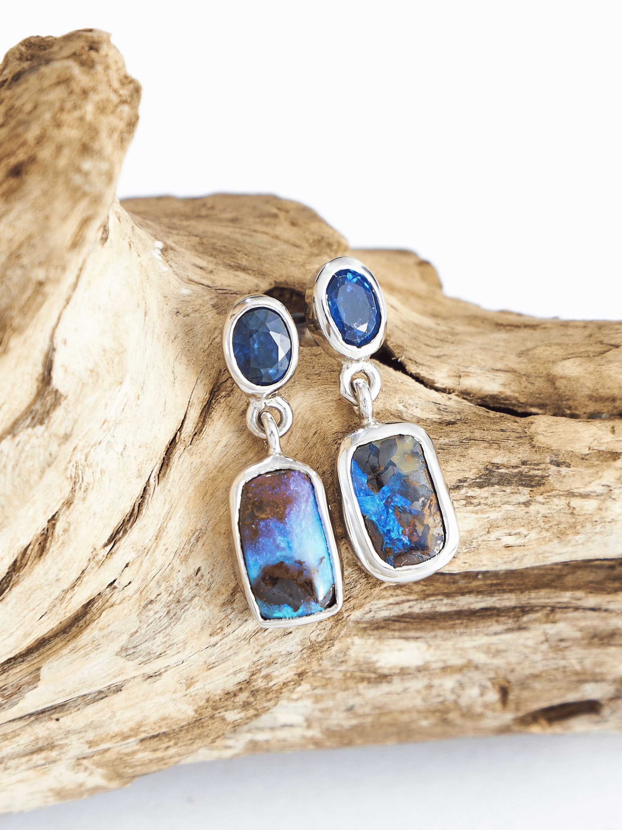 Australian Blue Boulder Opal Drop Silver Earrings with Blue Sapphires1