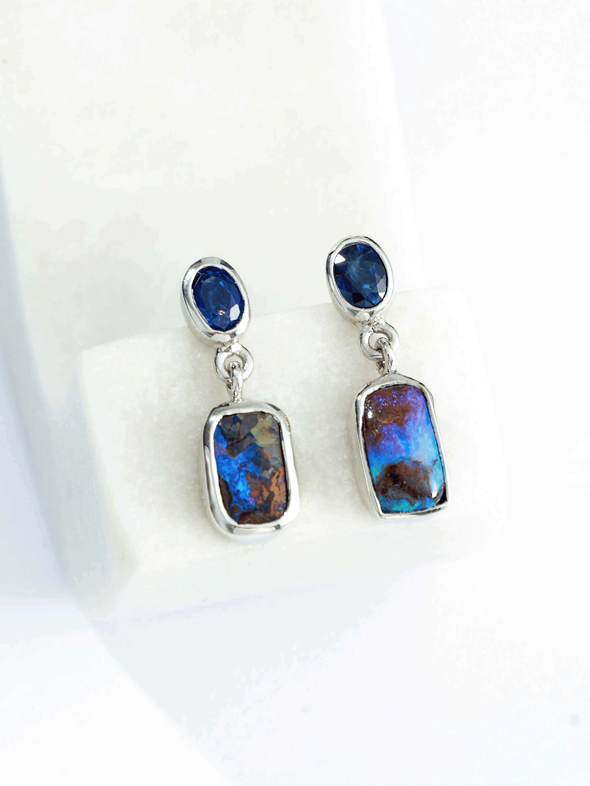 Australian Blue Boulder Opal Drop Silver Earrings with Blue Sapphires