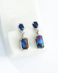Australian Blue Boulder Opal Drop Silver Earrings with Blue Sapphires