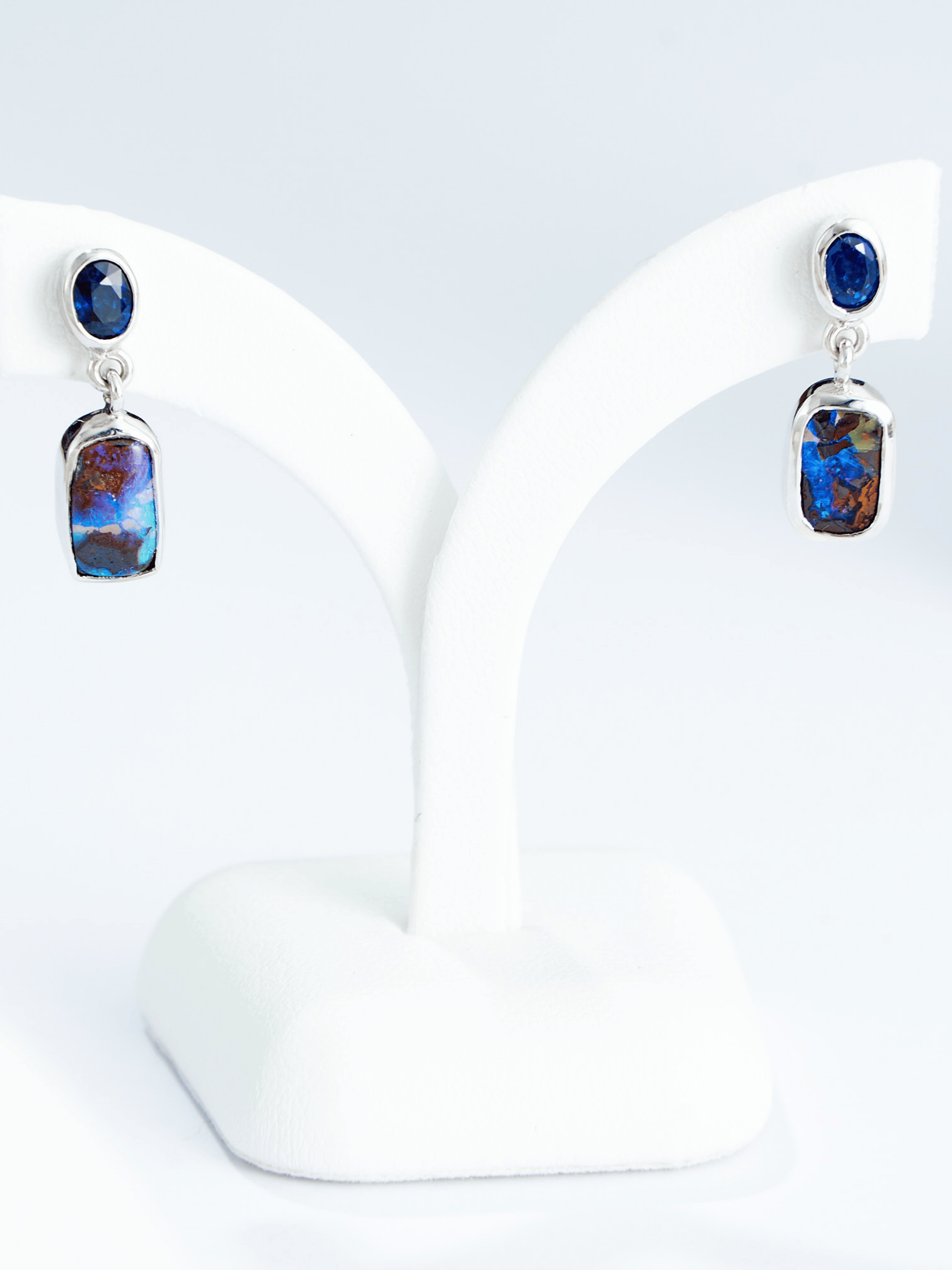 Australian Blue Boulder Opal Drop Silver Earrings with Blue Sapphires