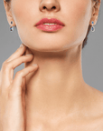 Australian Blue Boulder Opal Drop Silver Earrings with Blue Sapphires on model
