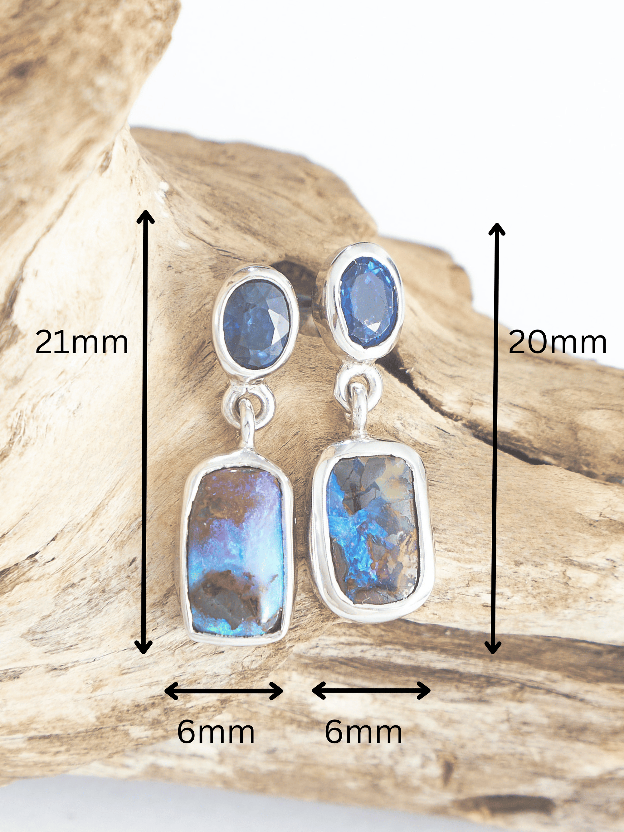 Australian Blue Boulder Opal Drop Silver Earrings with Blue Sapphires meassurements