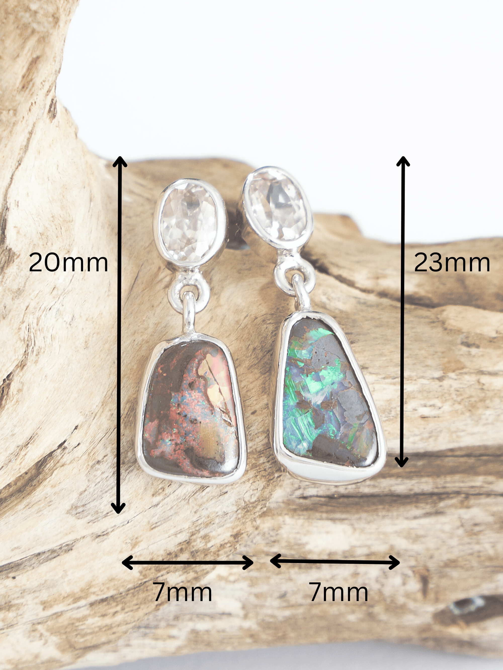 Australian Boulder Opal Abstract Drop Silver Earrings with Pink Zircons measurements