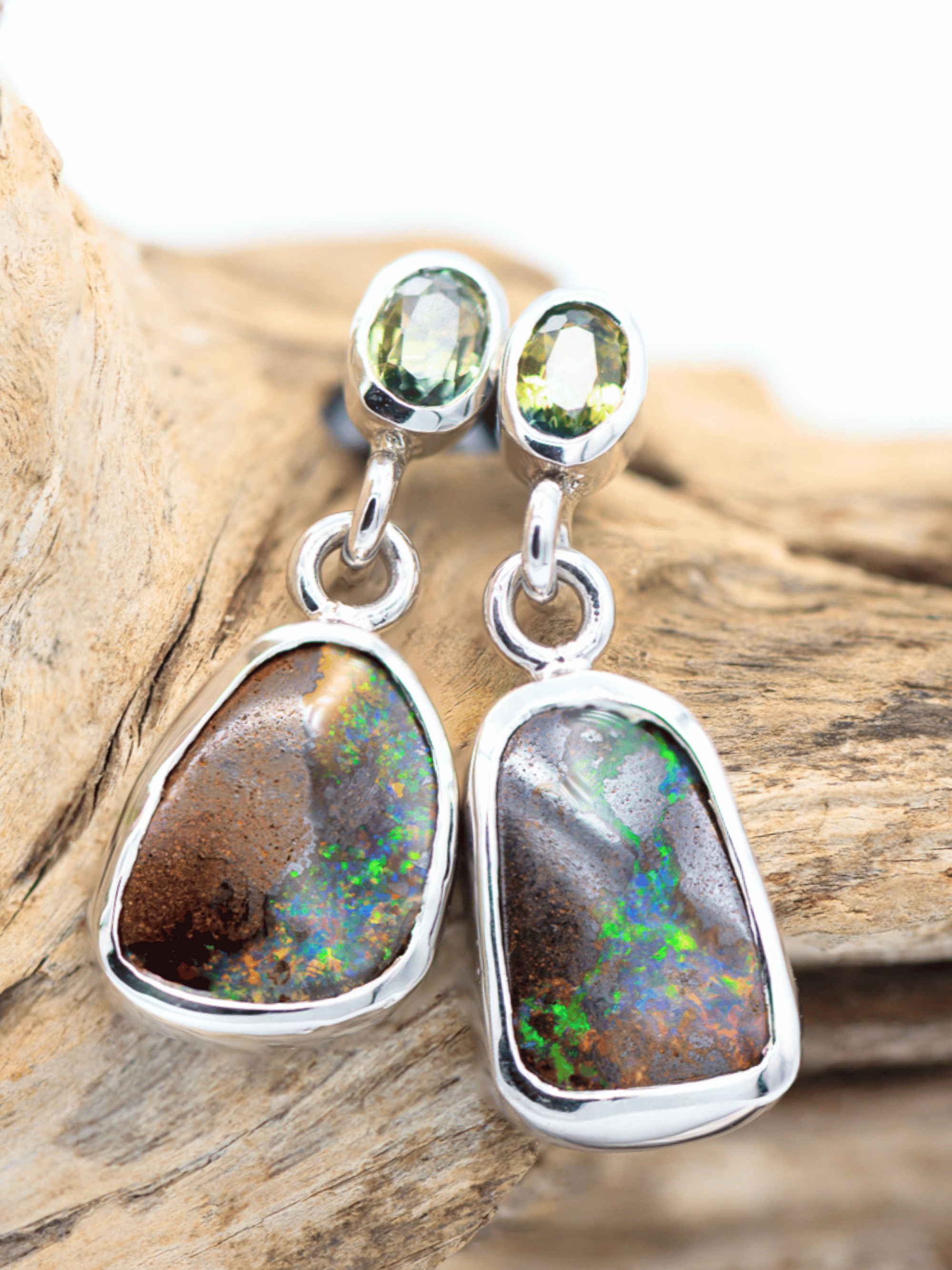 Australian Boulder Opal Drop Silver Earrings with Bright Green Sapphires1