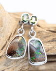 Australian Boulder Opal Drop Silver Earrings with Bright Green Sapphires1