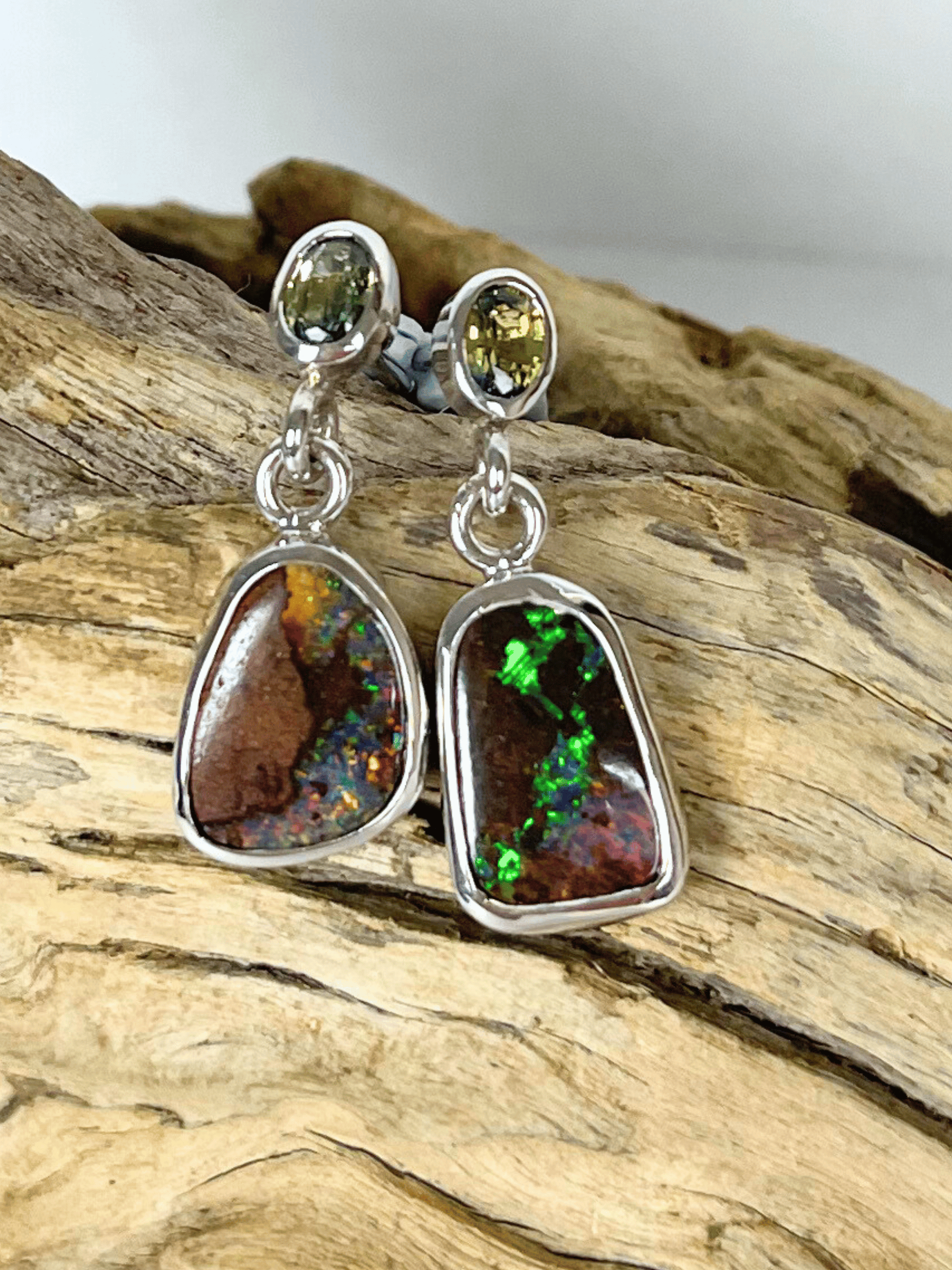 Australian Boulder Opal Drop Silver Earrings with Bright Green Sapphires