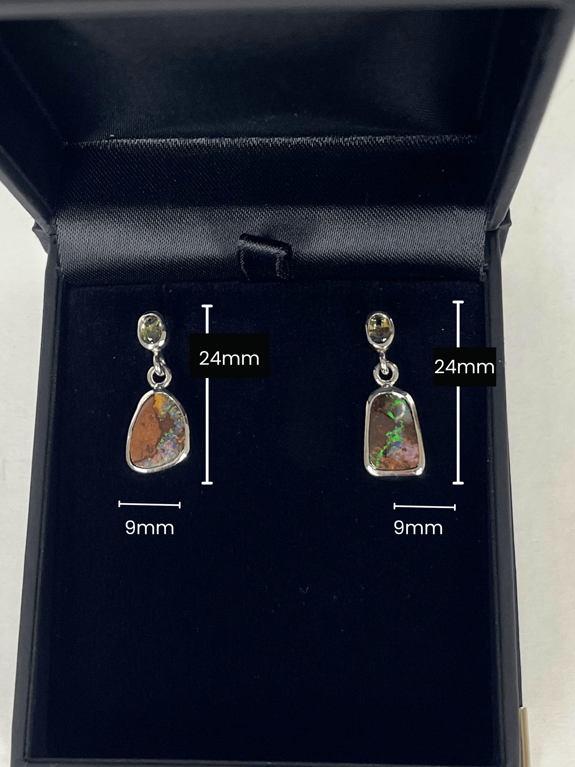 Australian Boulder Opal Drop Silver Earrings with Bright Green Sapphires measurements