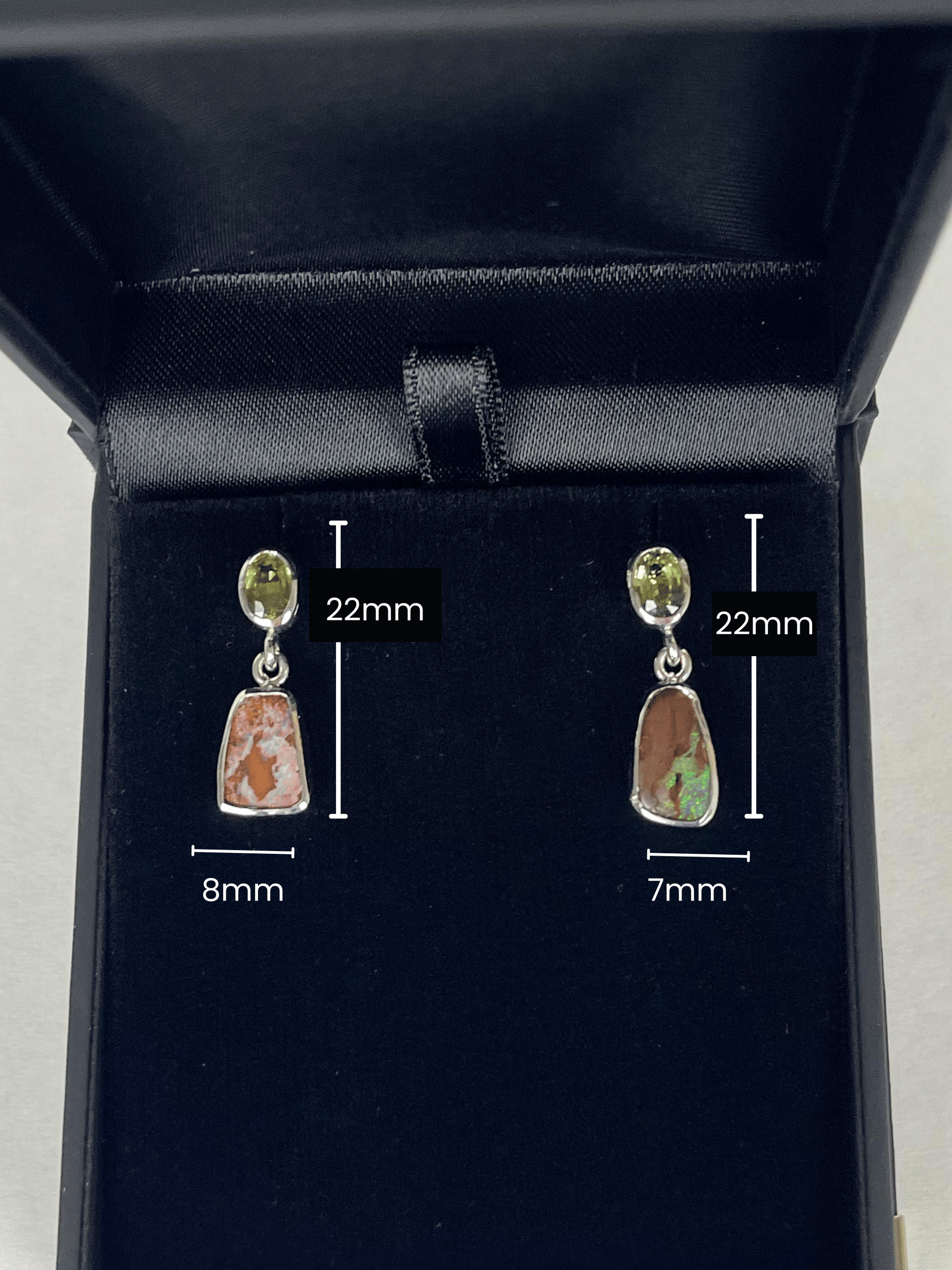 Australian Boulder Opal Drop Silver Earrings with Oval Sapphires measurements