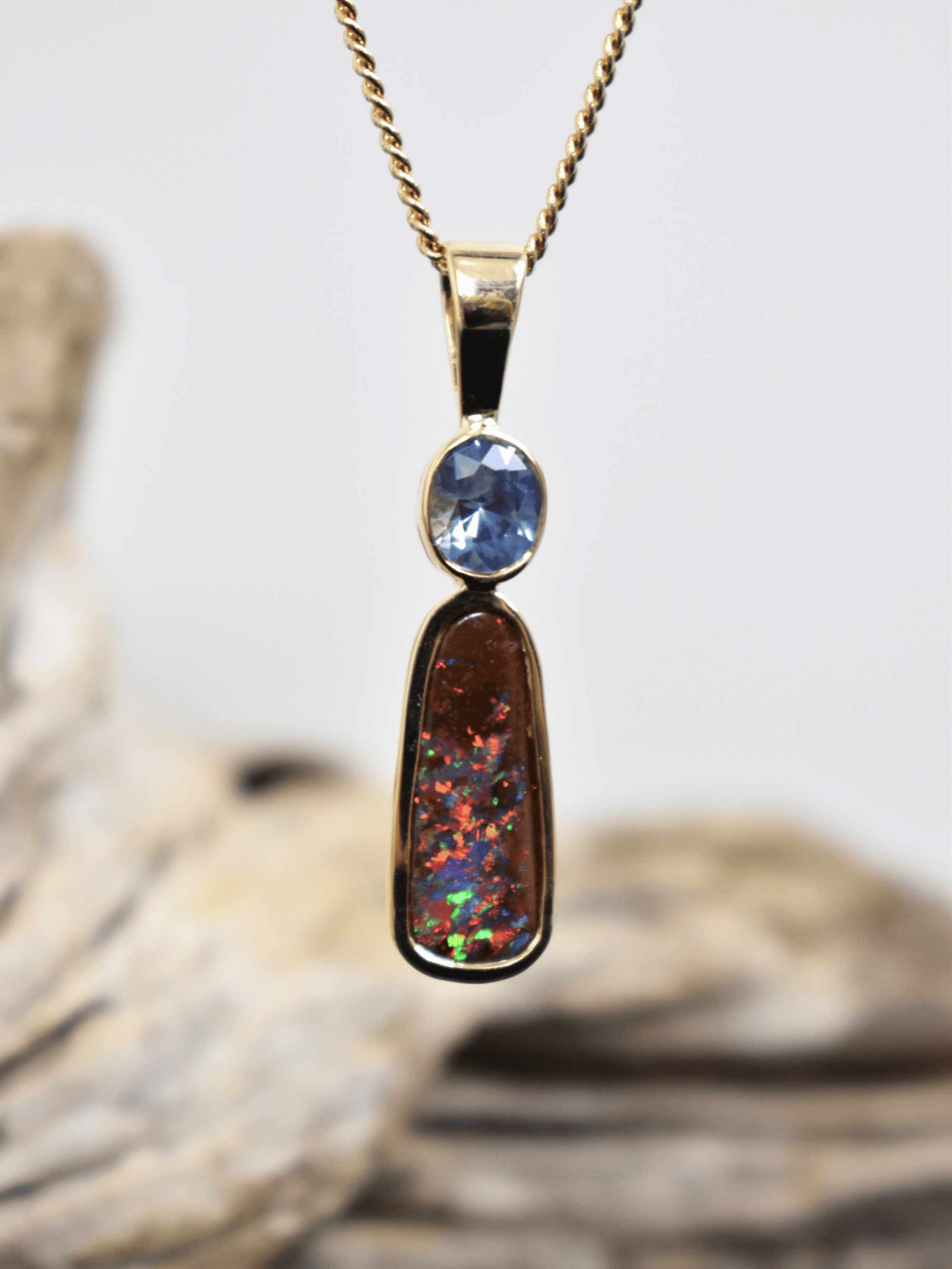 Australian Boulder Opal Pale Blue Sapphire 18k Yellow Gold Pendant