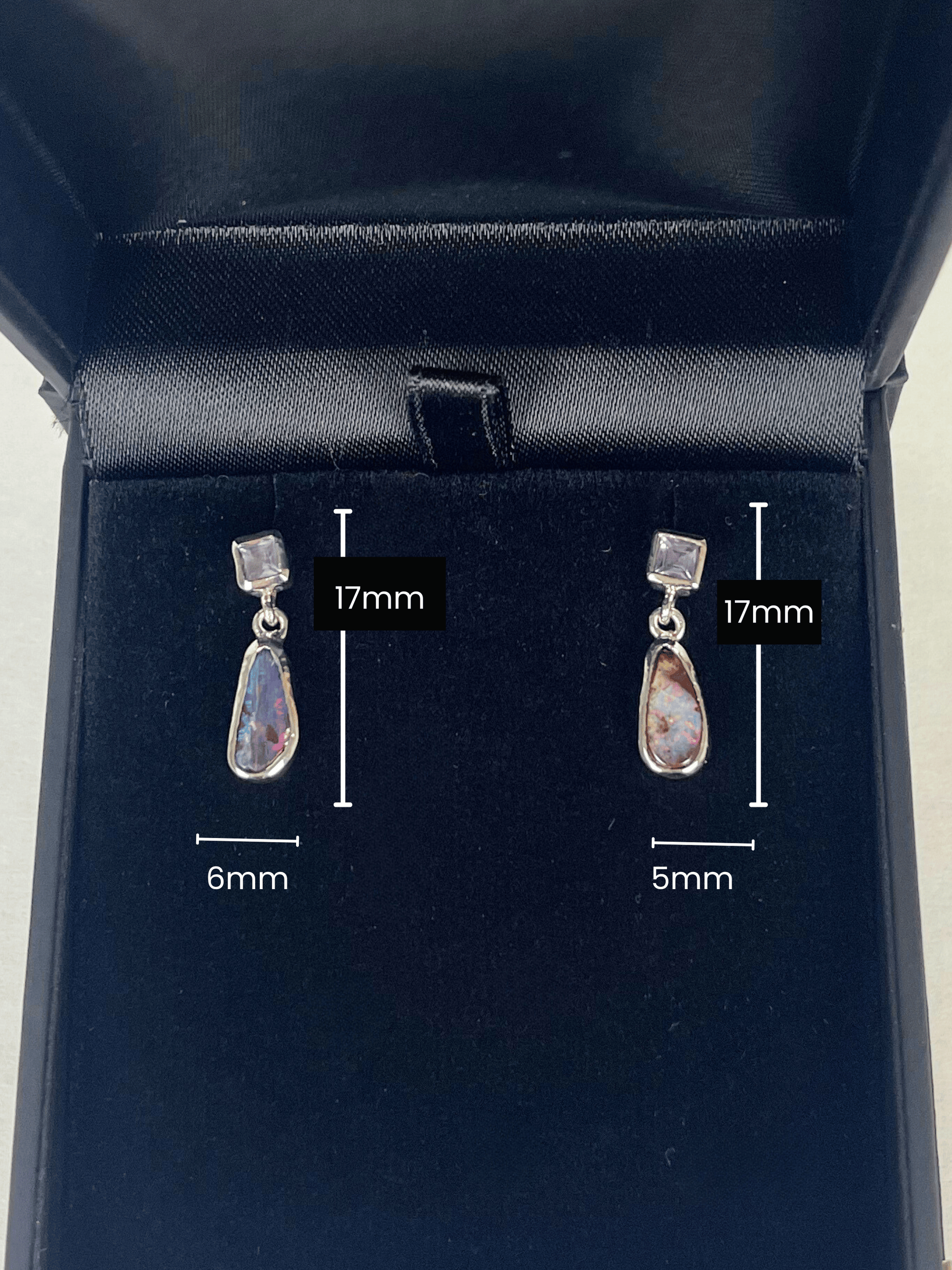 Australian Boulder Opal Silver Pear Earrings with White Sapphires measurements