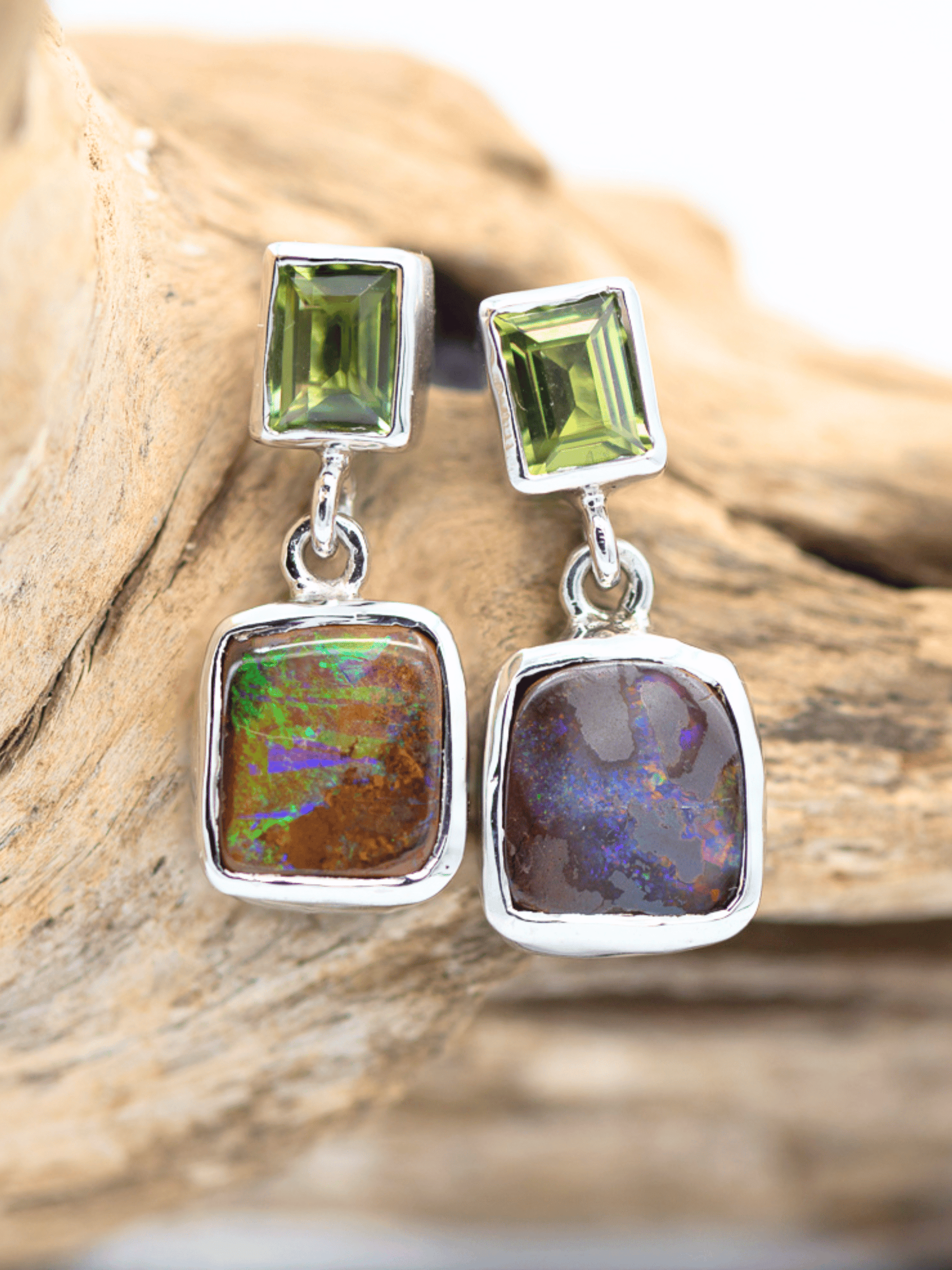 Australian Boulder Opal Square Drop Silver Earrings with Green Sapphires