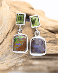Australian Boulder Opal Square Drop Silver Earrings with Green Sapphires