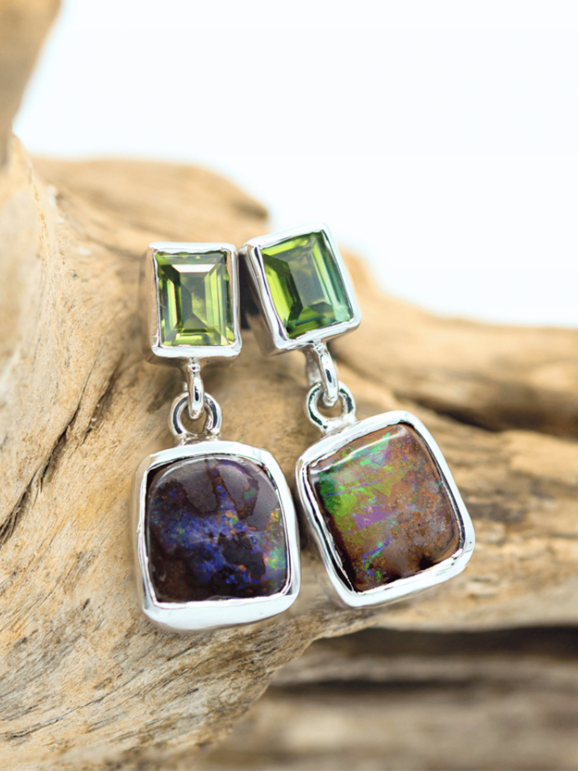 Australian Boulder Opal Square Drop Silver Earrings with Green Sapphires