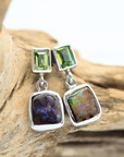Australian Boulder Opal Square Drop Silver Earrings with Green Sapphires