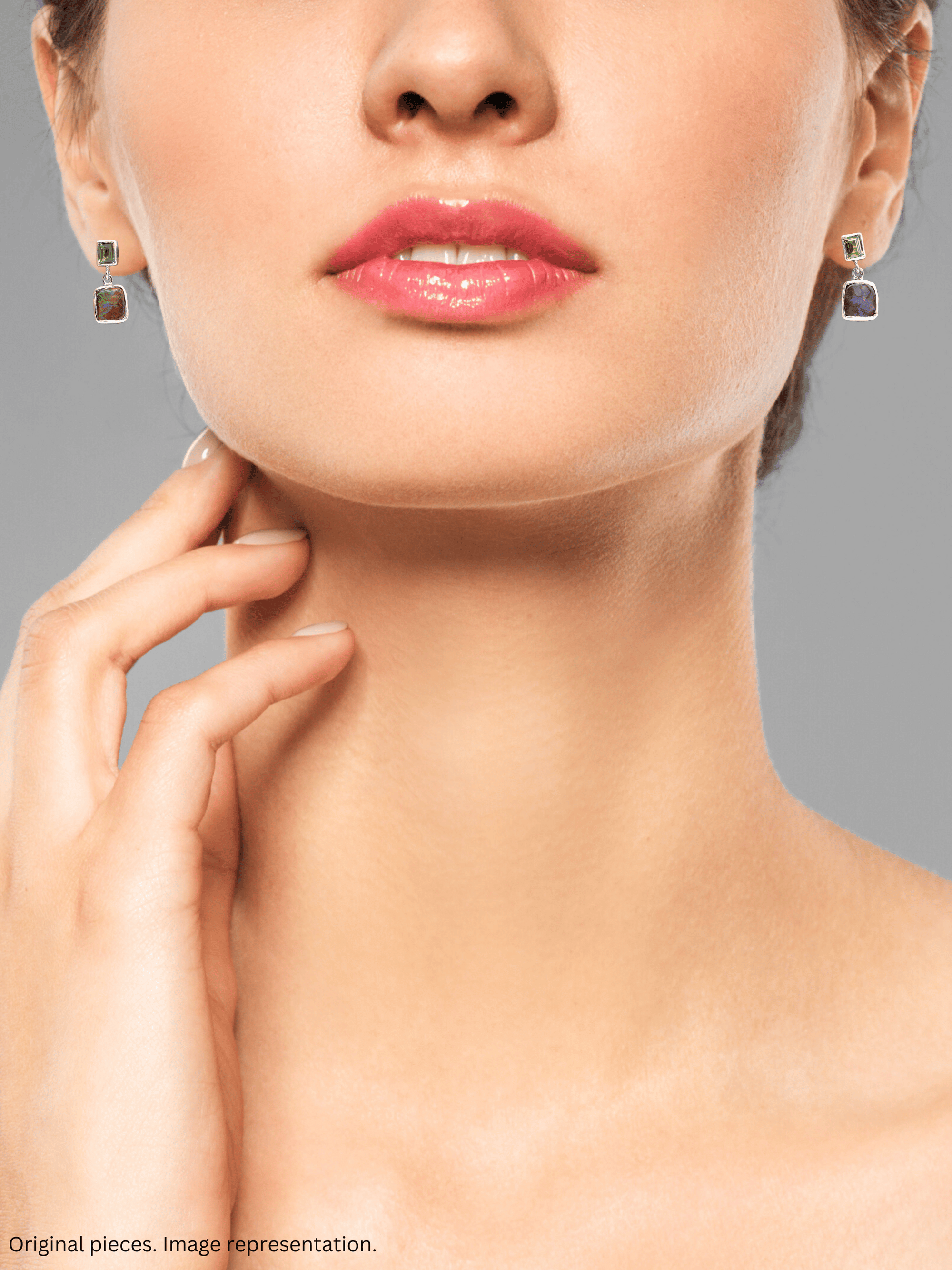 Australian Boulder Opal Square Drop Silver Earrings with Green Sapphires on model