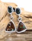 Australian Boulder Opal Triangle Drop Silver Earrings with Sapphires