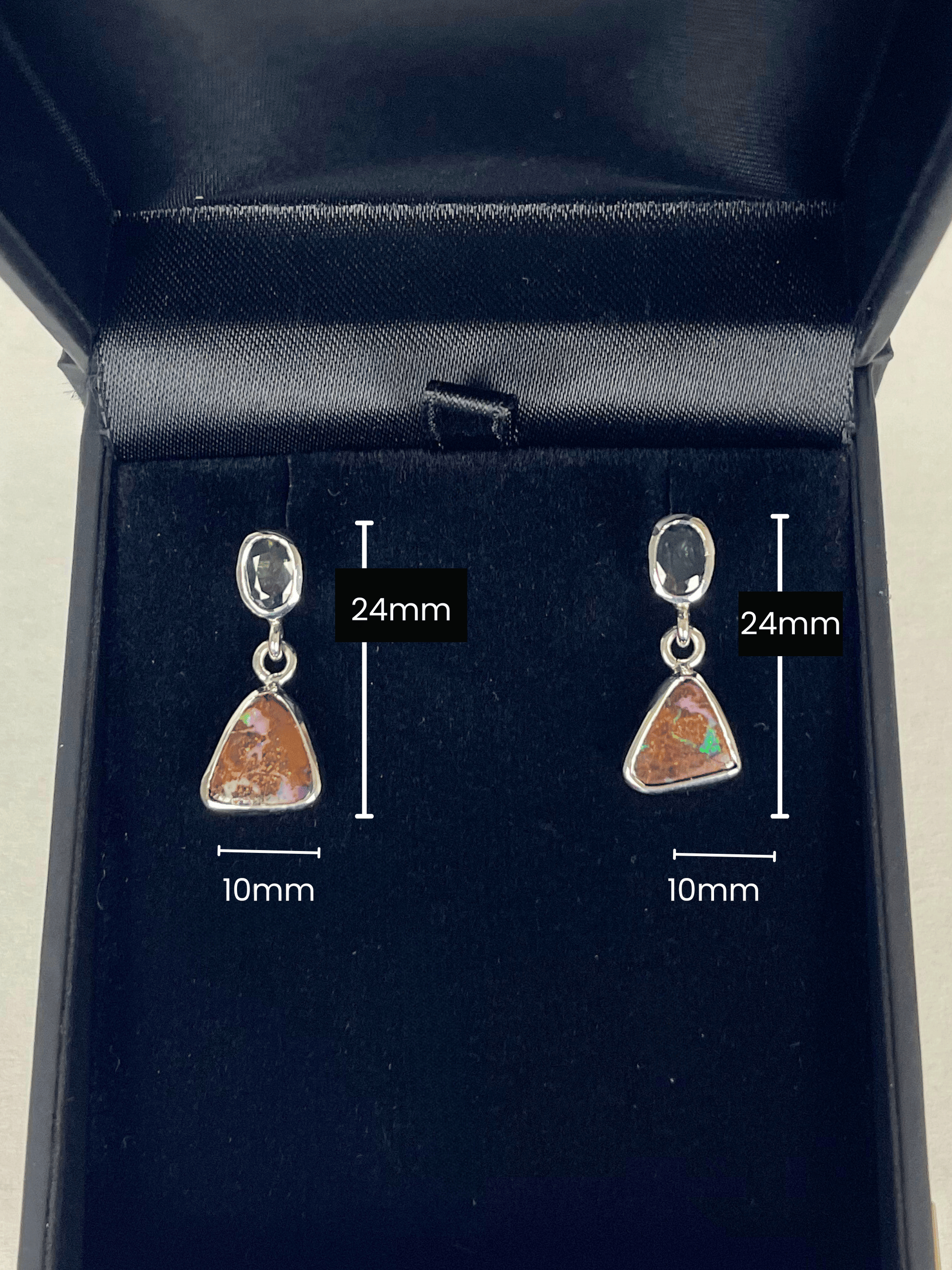 Australian Boulder Opal Triangle Drop Silver Earrings with Sapphires measurements