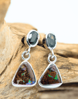 Australian Boulder Opal Triangle Drop Silver Earrings with Sapphires