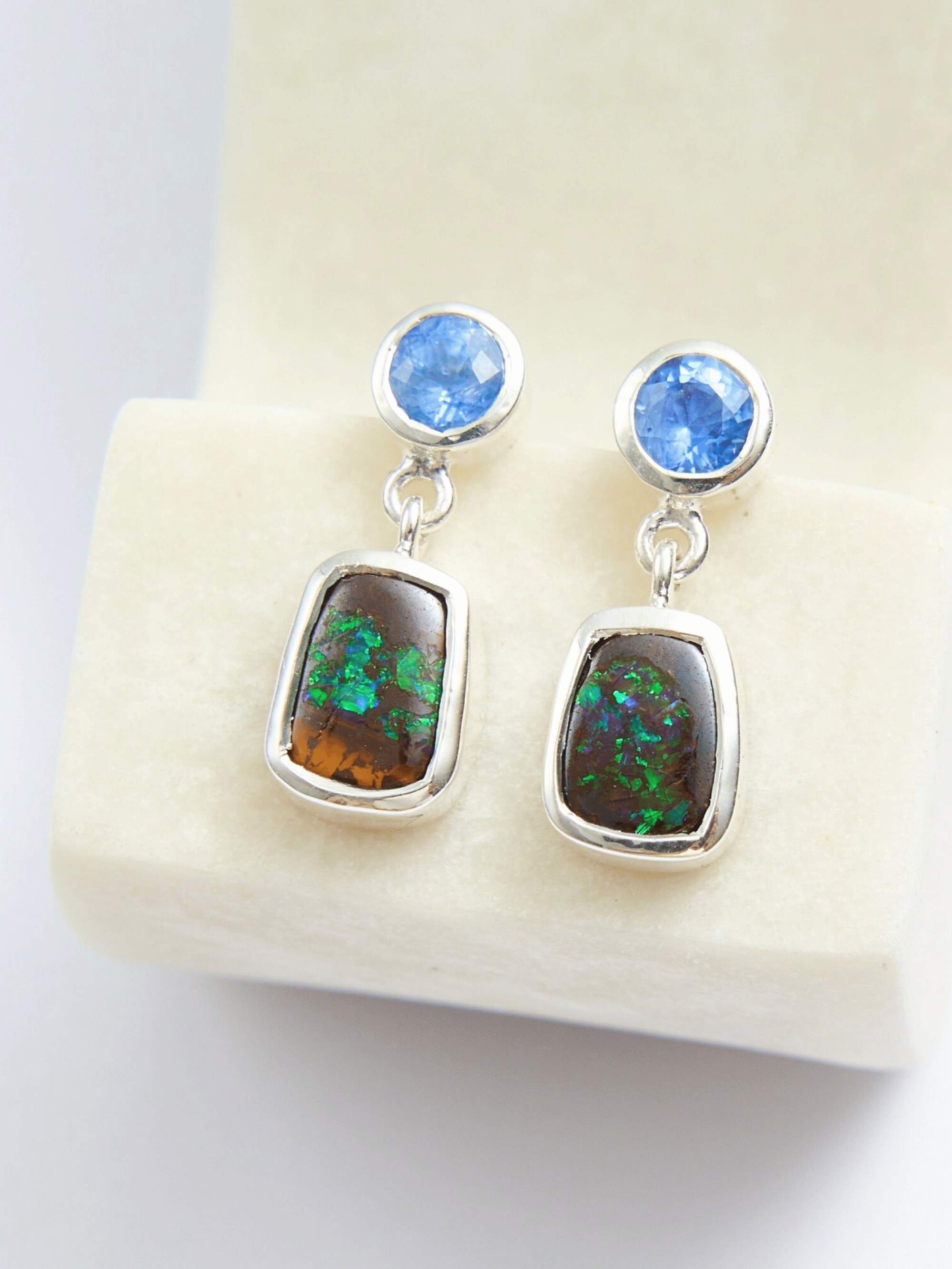 Boulder Opal and Cornflower Blue Sapphire Silver Drop Earrings