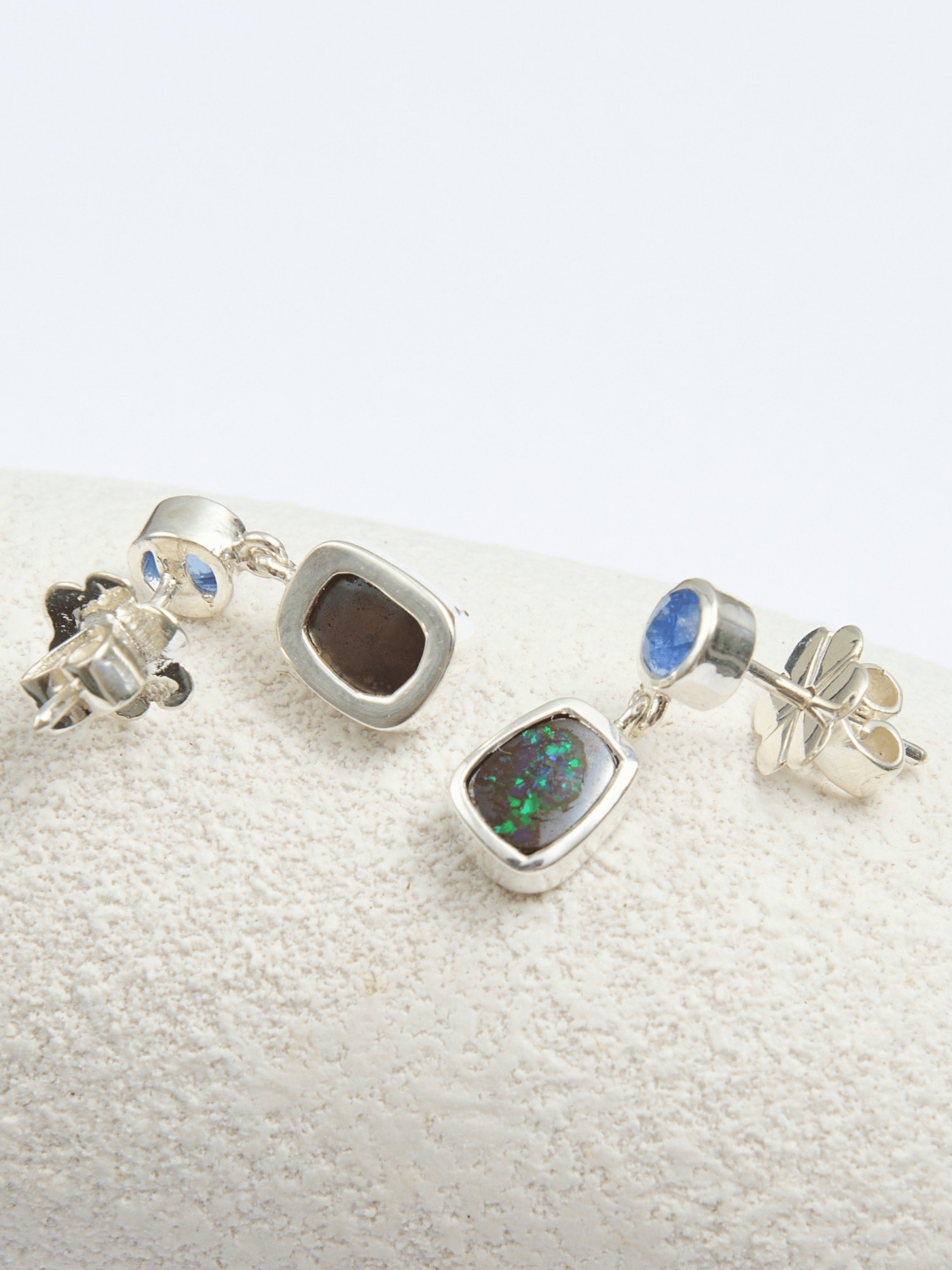 Boulder Opal and Cornflower Blue Sapphire Silver Drop Earrings