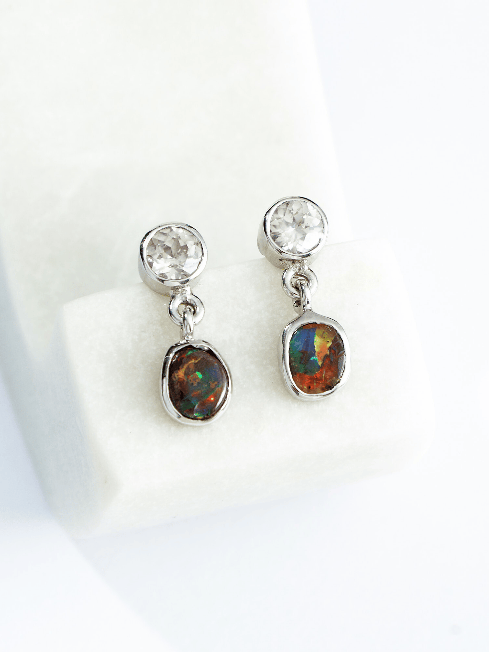 Australian Red Boulder Opal Drop Silver Earrings with Pink Zircons