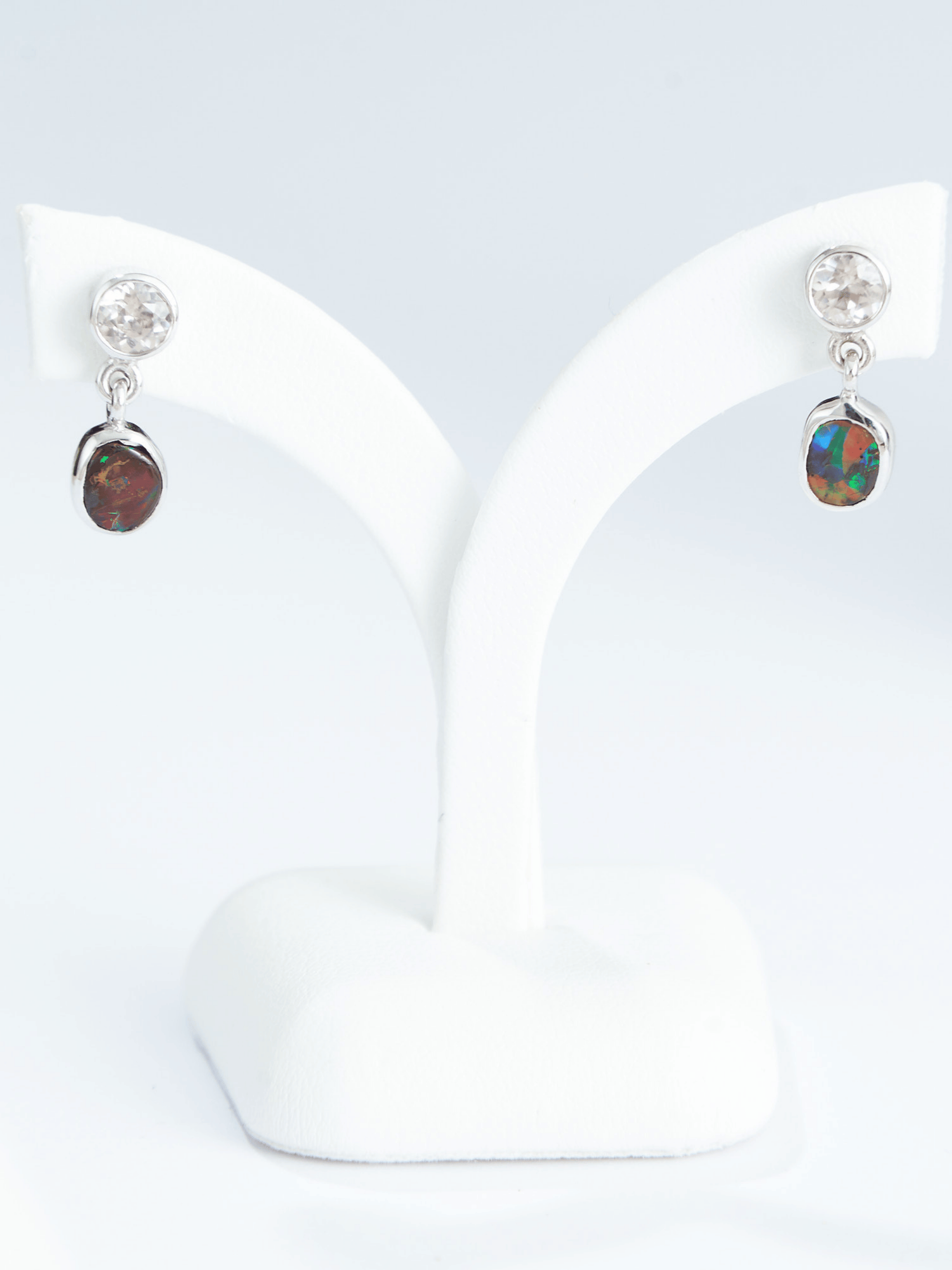 Australian Red Boulder Opal Drop Silver Earrings with Pink Zircons