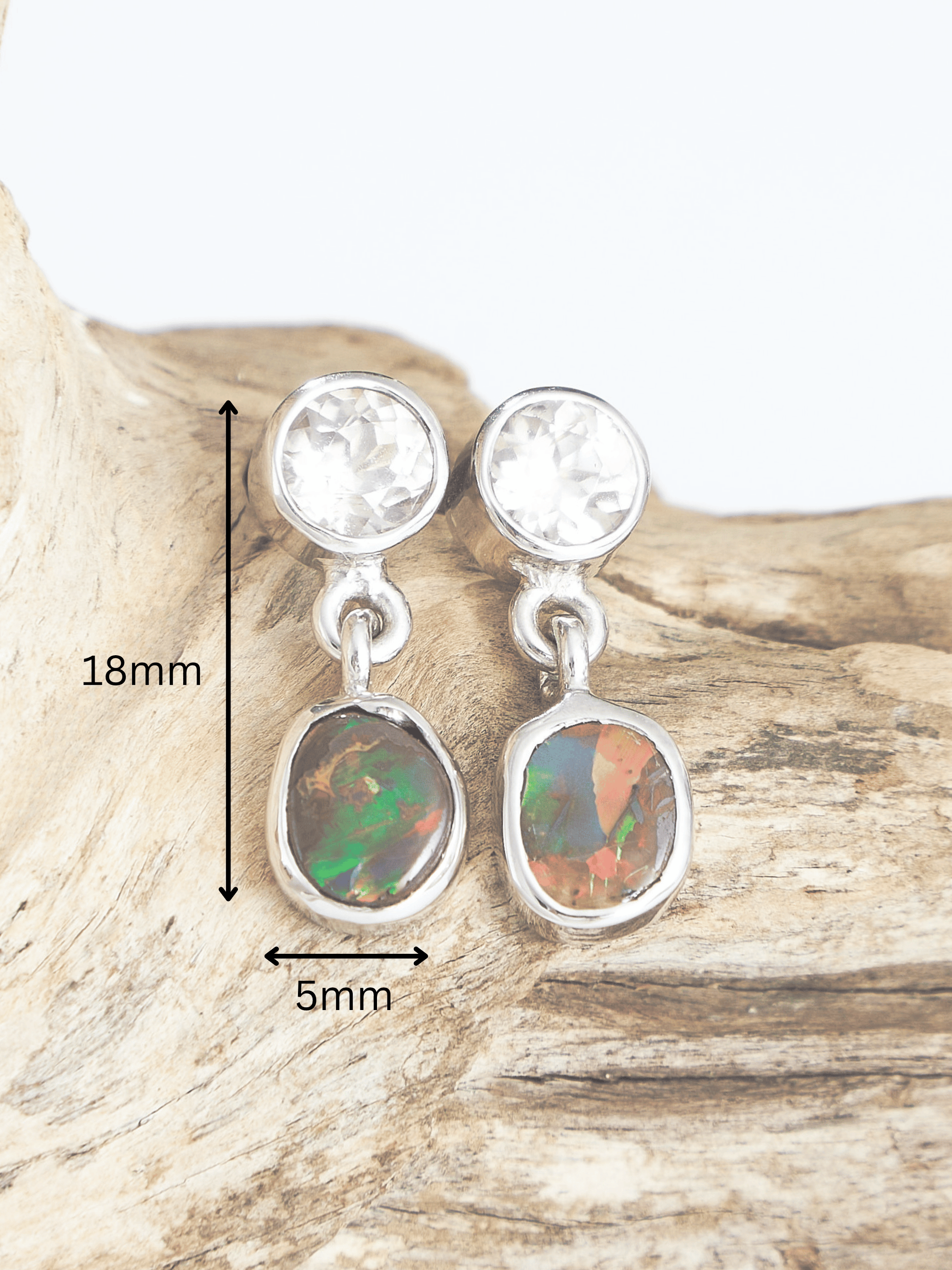 Australian Red Boulder Opal Drop Silver Earrings with Pink Zircons measurements