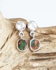Australian Red Boulder Opal Drop Silver Earrings with Pink Zircons