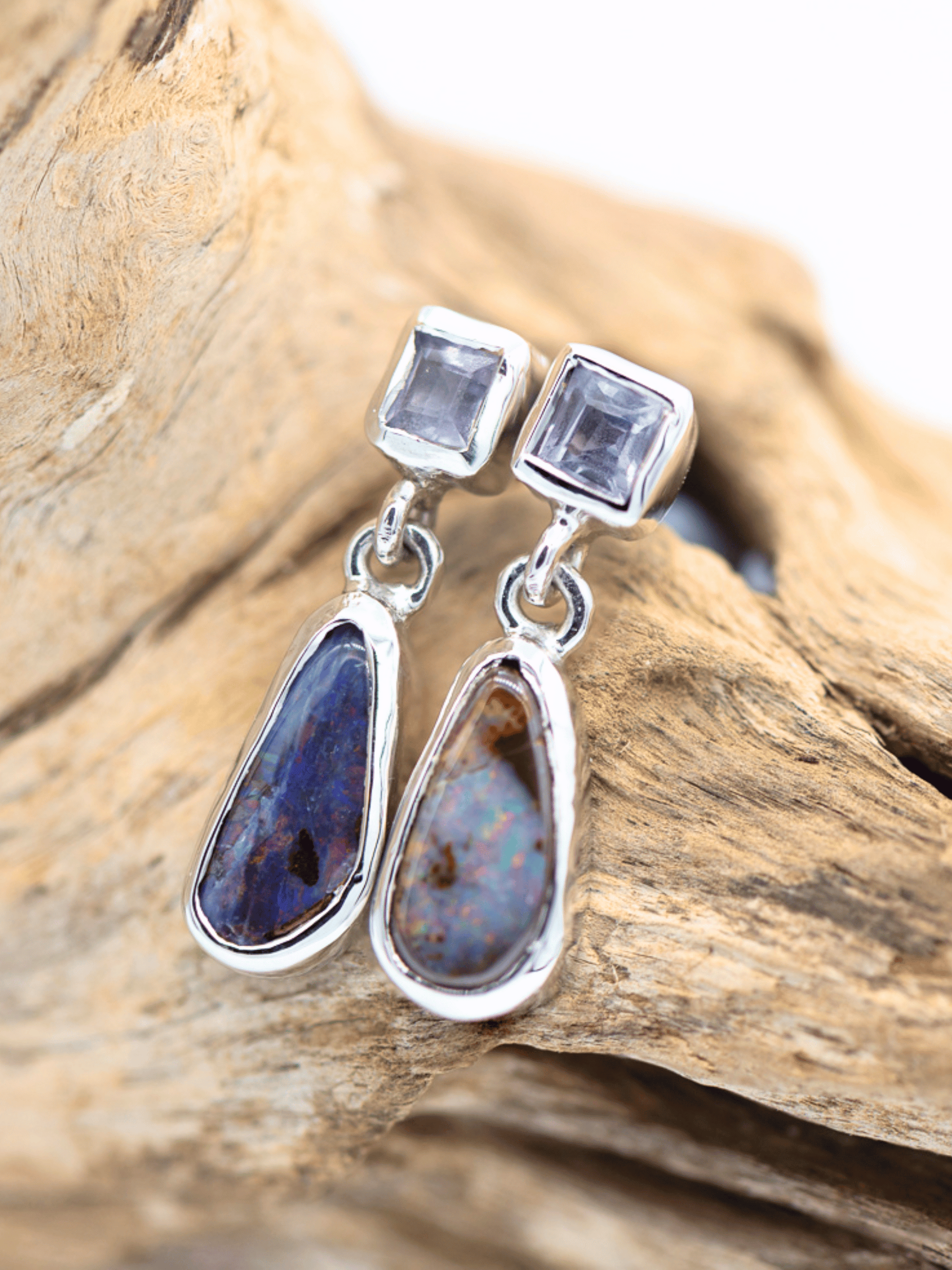 Boulder Opal Silver Pear Earrings with White Sapphires