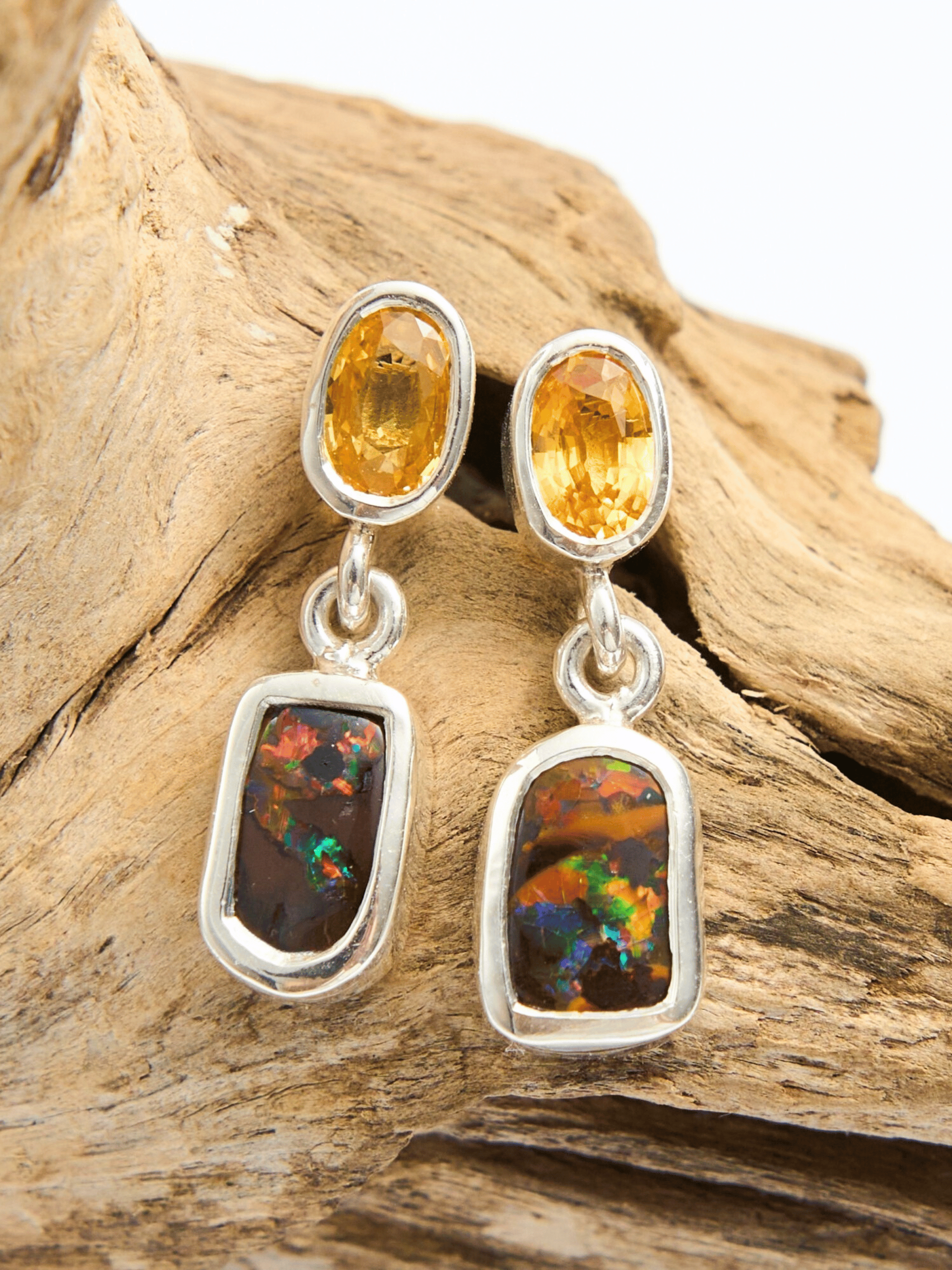 Boulder Opal and Yellow Sapphire Silver Drop Earrings