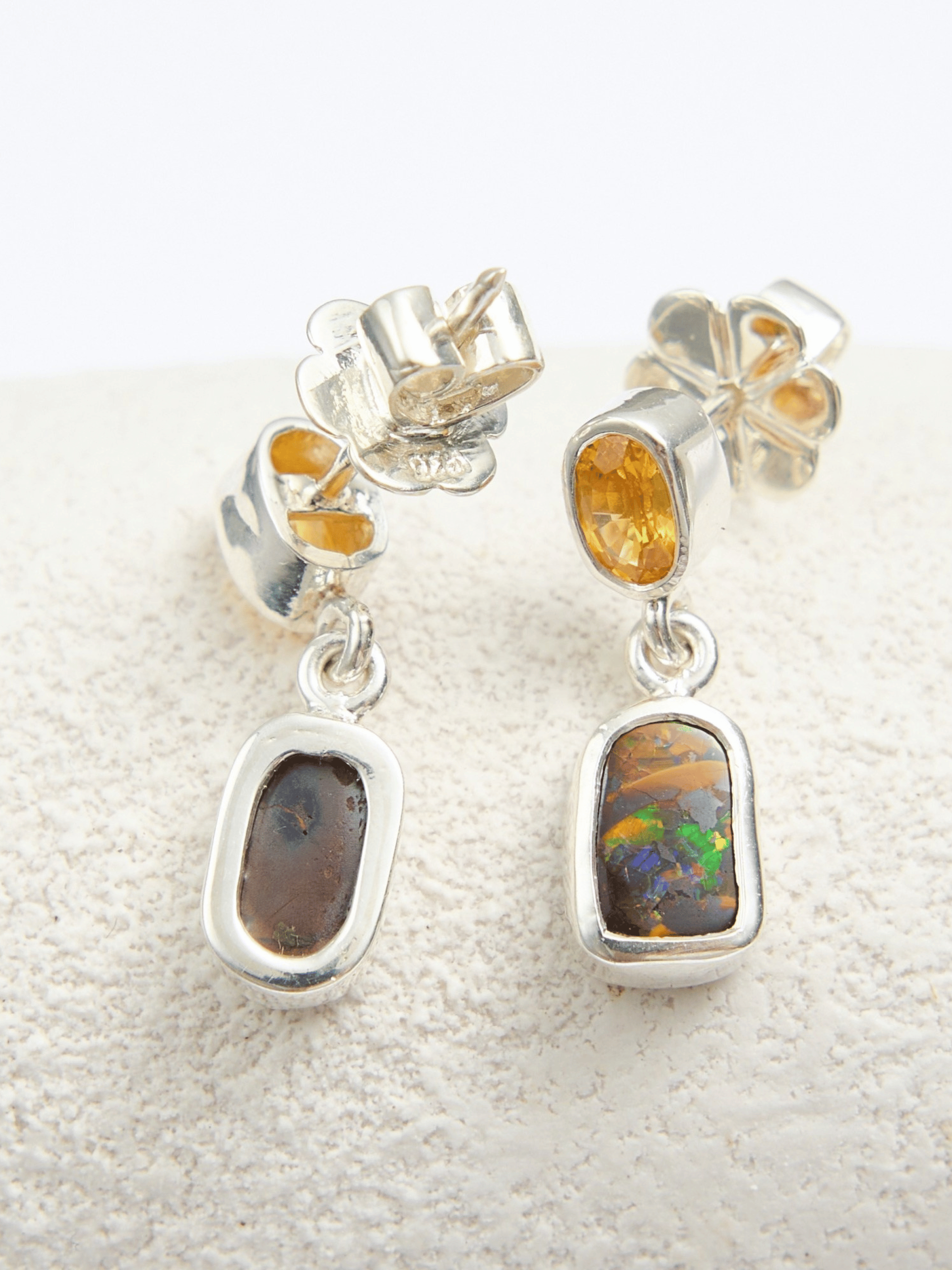 Boulder Opal and Yellow Sapphire Silver Drop Earrings