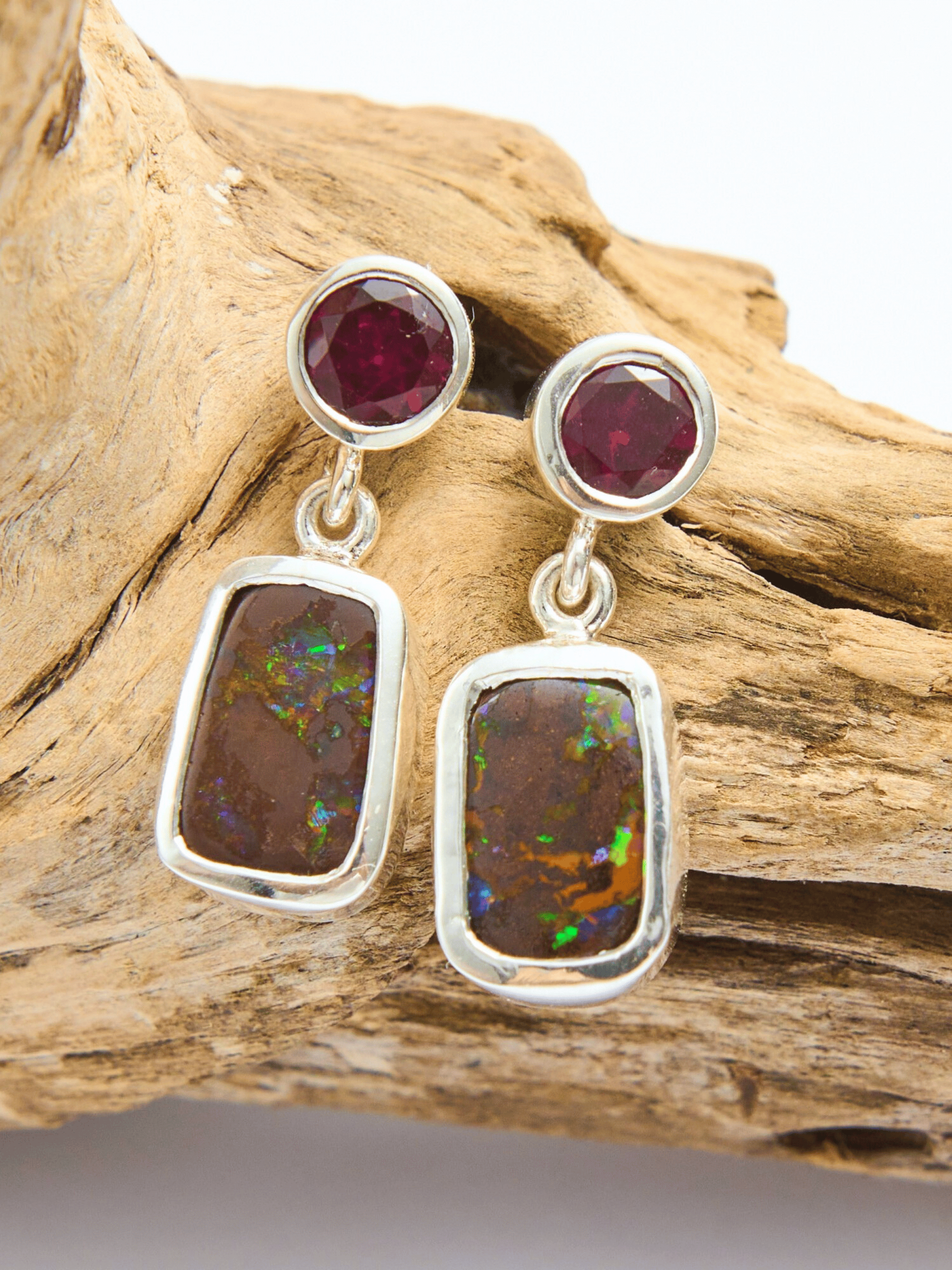 Boulder Opal and Purple Garnet Silver Drop Earrings