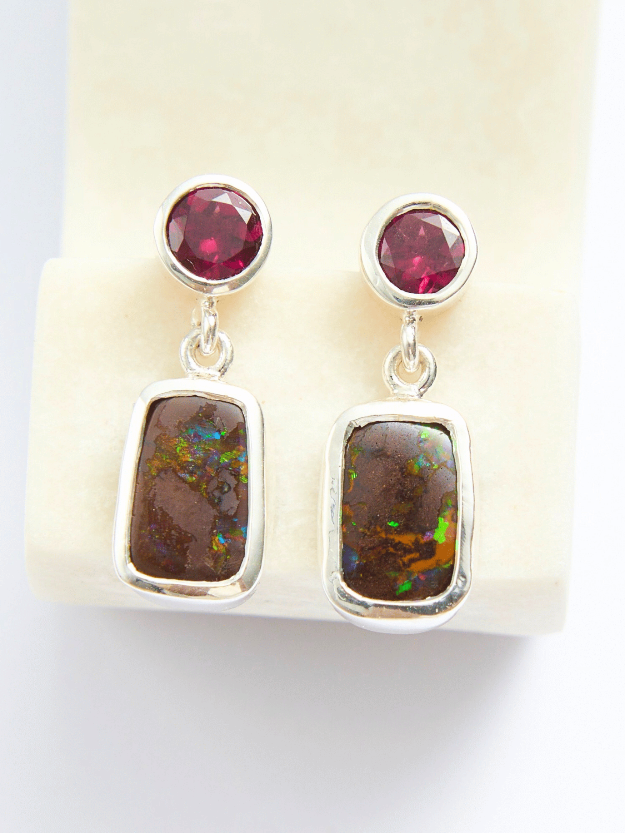 Boulder Opal and Purple Garnet Silver Drop Earrings