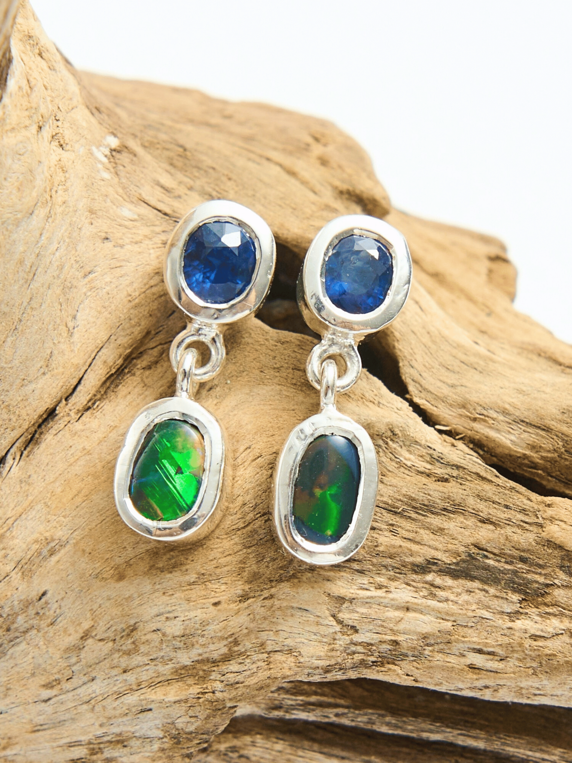 Boulder Opal and Royal Blue Sapphire Silver Drop Earrings
