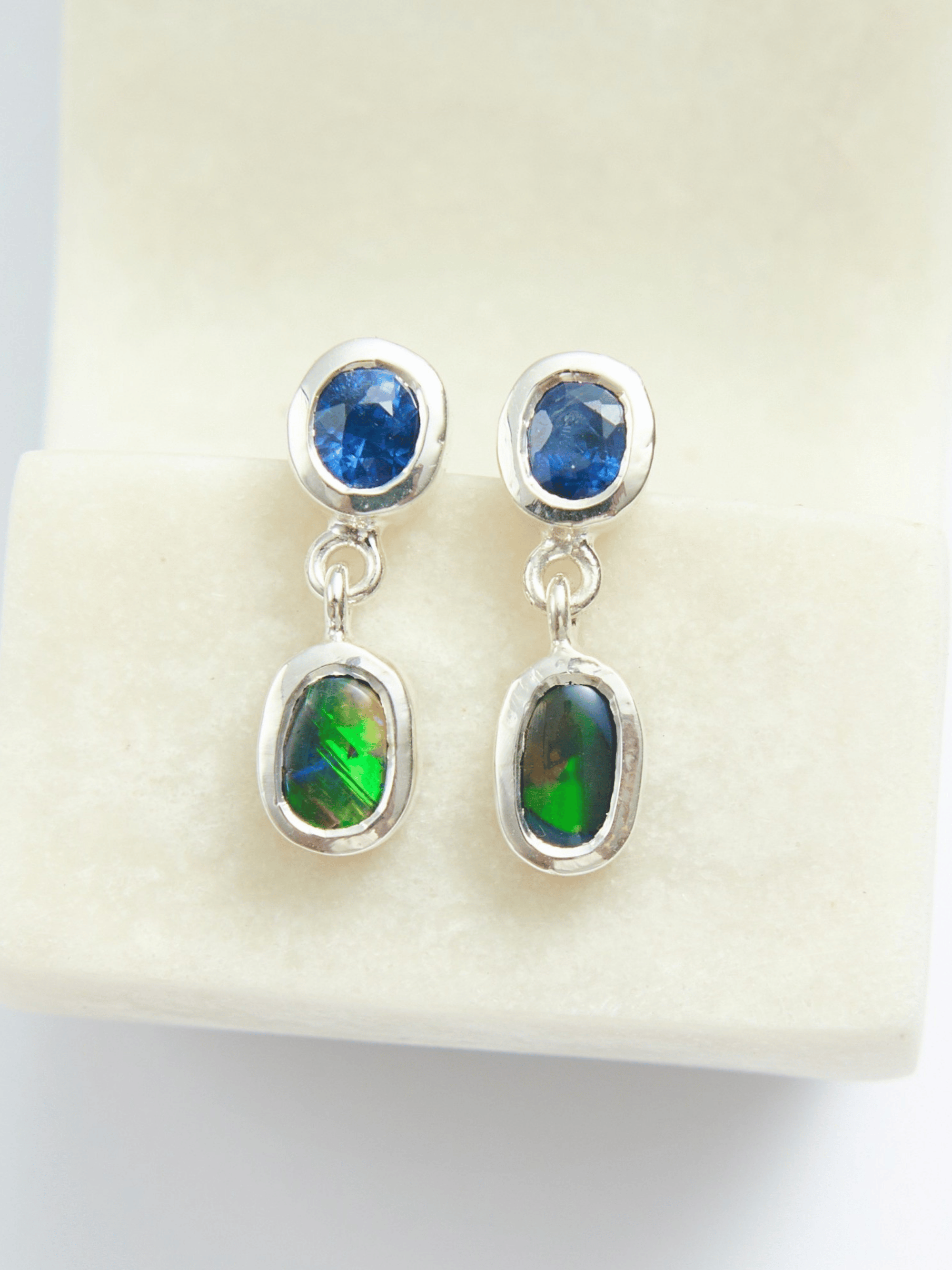 Boulder Opal and Royal Blue Sapphire Silver Drop Earrings