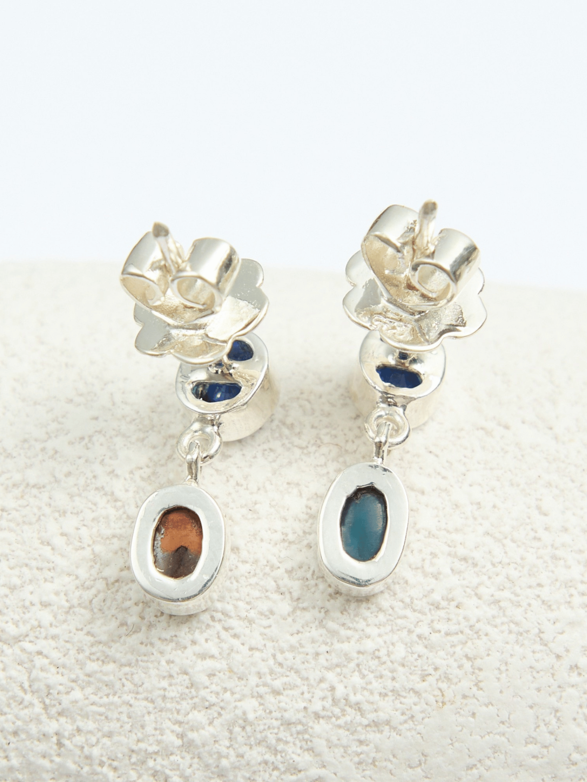 Boulder Opal and Royal Blue Sapphire Silver Drop Earrings